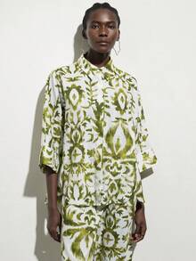 Aveloria Modichic White & Green Contrast Color Ikat Print 2 Pieces Set, Loose Fit Batwing Blouse And Straight Leg Pants, Casual Resort Boho Chic - Green - View 4