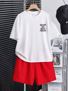 SHEIN 2件組青少年男孩白色夏季圖案街頭風城市度假套裝，寬鬆圓領大字母背後短袖T恤與短褲，休閒運動時尚 - 紅色 - 查看 3