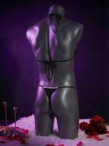 WENEZON Áo hai dây ren khoét lỗ gợi cảm dành cho nam, nội y đính đá, dây chuyền đính đá, bộ nội y đính đá, đồ lót đính đá. - màu đen - Xem 2