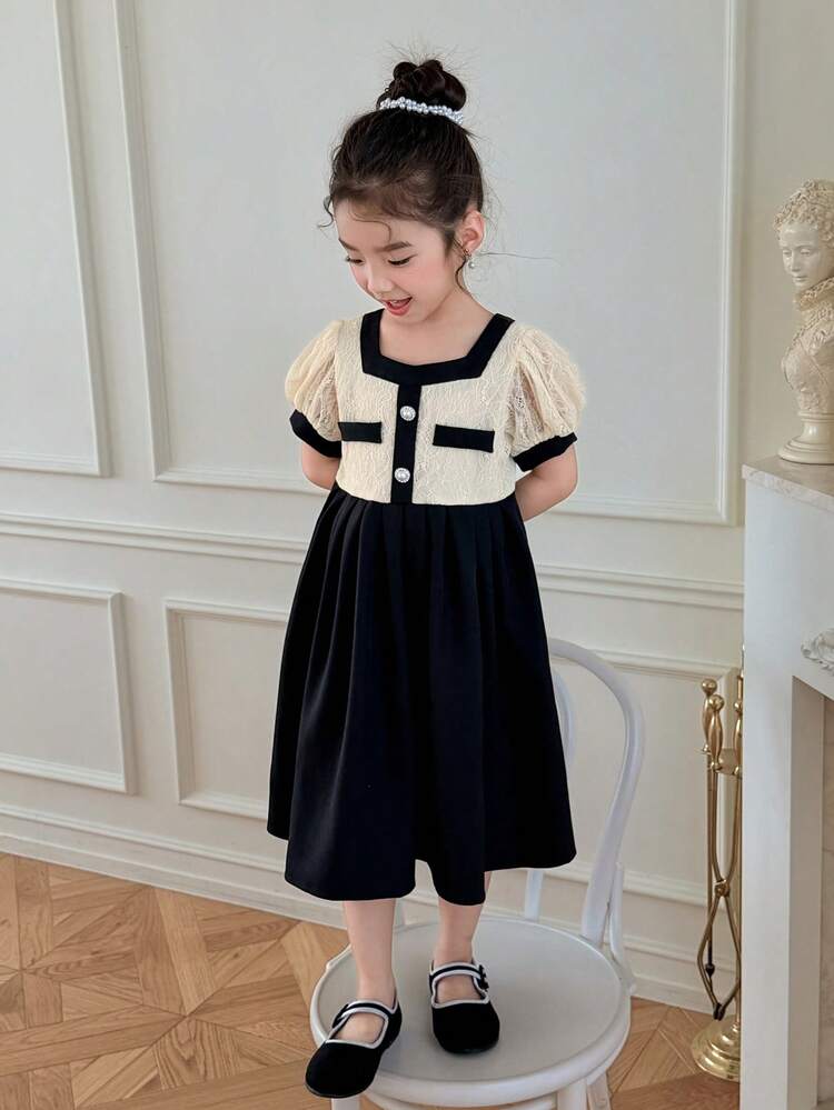 Young Girl Elegant Contrast Color Lace Patchwork Summer Dress
