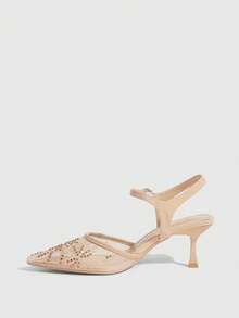 CUCCOO SZL Pointed Breathable Mesh Embroidery Rhinestone Hollow Fashion Sexy Temperament Versatile Sexy Fairy Banquet Apricot High Heels - Apricot - View 4