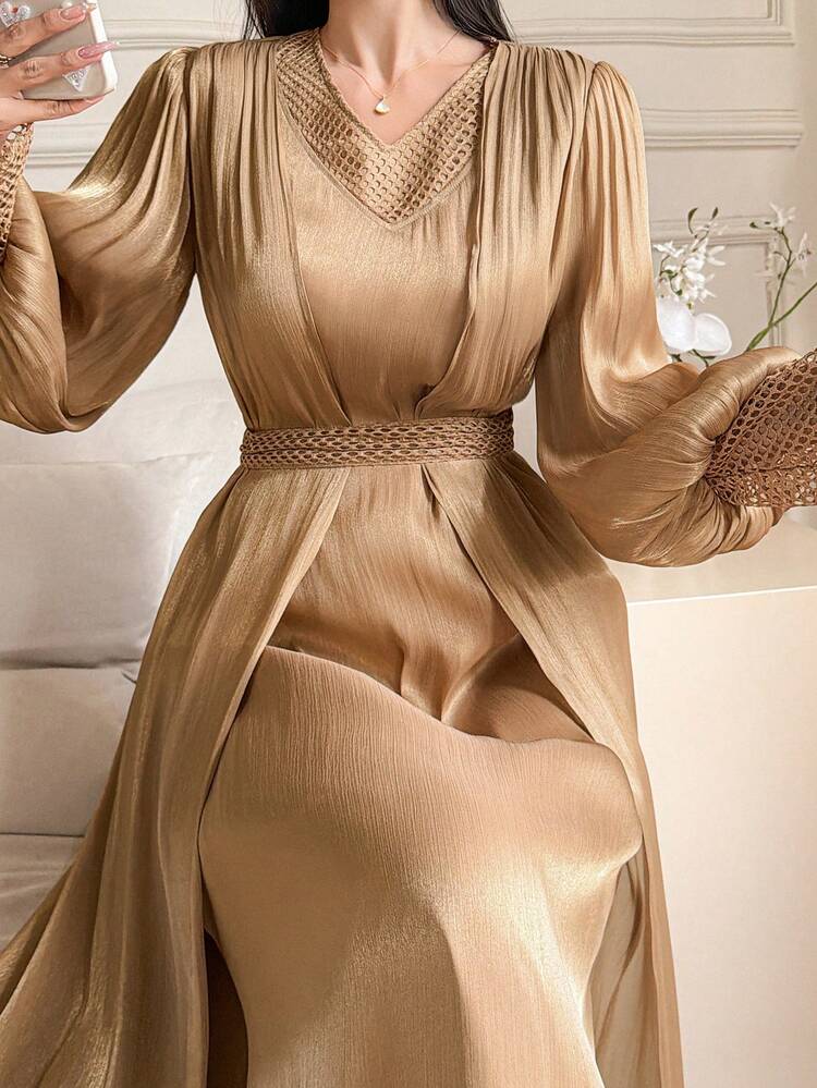 Women's Elegant Patchwork Dress With Belt, Two Pieces Set, Spring/Summer