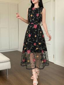 DAZY Floral Print Sleeveless Midi Dress For Women Sundress Summer - Black - View 4