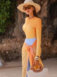 Swim Shayni Bộ đồ liền thân dài tay cổ tròn, khóa kéo nửa thân màu ombre cam-vàng-xanh dương dành cho nữ, gồm quần dài và chân váy màu xanh dương, kiểu burkini. - Nhiều màu - Xem 4