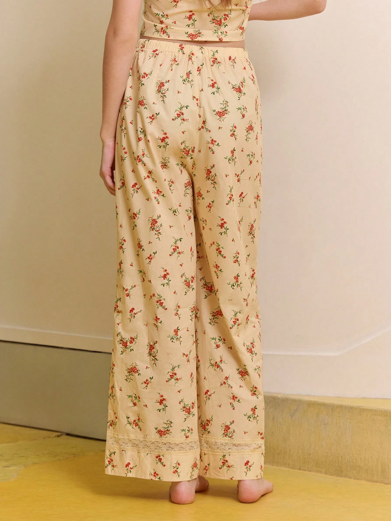 Butter Yellow Floral Print Lace Trim Cami And Trouser Cotton Pyjama Set Cosy Cute Vintage Sleepwear Set Spring Summer Cotton Sleepwear