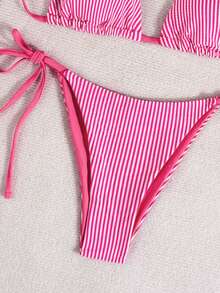 Swim Mod New Crinkle Striped Blue & White Spaghetti Strap Twist Side High Cut Bikini 2 Pieces Swimwear Set For Women, Beach & Resort Beach Bikini Vacation Bikini Tie Bikini Tanning Bikini - Hot Pink - View 4