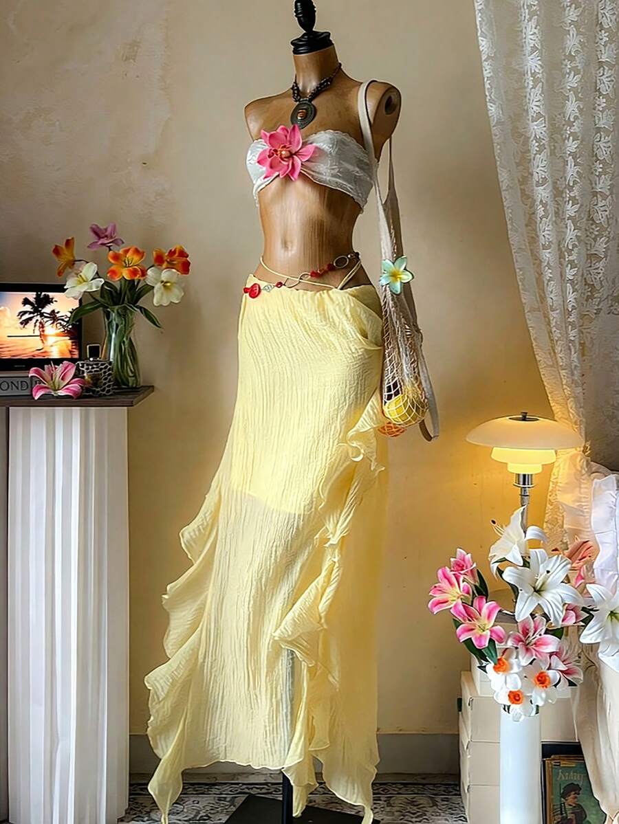 Lyxana Chân váy nữ màu trơn dáng xòe xếp ly - Màu vàng - Xem 1