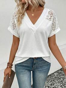 SHEIN Women's Contrast Lace V-Neck Short Sleeve Casual T-Shirt - White - View 4