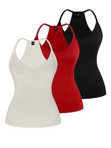 EMERY ROSE Plus Size Multicolor Halter Neck Backless Plain Knitted Tank Top Casual Regular Length Top - Multicolor - View 1