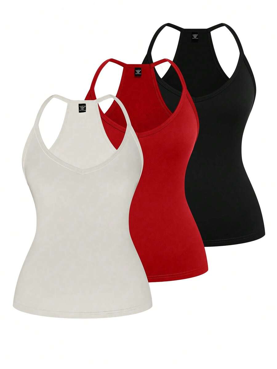 EMERY ROSE Plus Size Multicolor Halter Neck Backless Plain Knitted Tank Top Casual Regular Length Top - Multicolor - View 1
