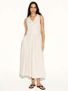 KSTM 春夏款无袖V领条纹中长衬衫裙，翻领设计，A字廓形飘逸。 - 彩色 - 查看 5