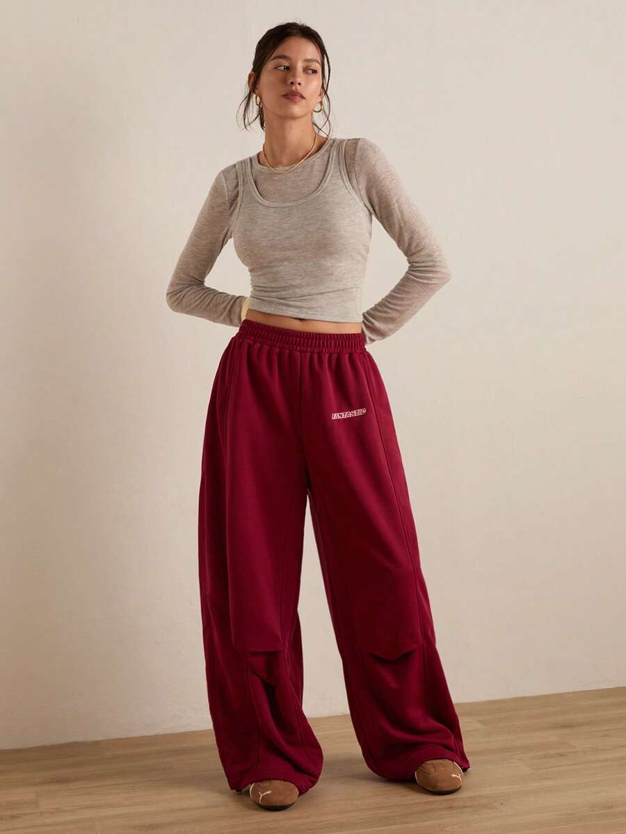 Easelle Burgundy Letter Embroidered Elastic Waist Casual Loose Pants For Women Red St Patrick's Day  Going Out Summer Spring Women - Burgundy - View 1
