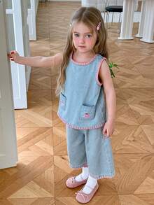 Dazy Kids Pakaian Kasual Musim Panas untuk Anak Perempuan: Atasan Kerah Bulat dengan Blok Warna dan Celana Jeans Lebar - Light Wash - View 6