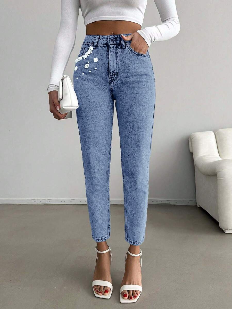 EURMUSE 100%Cotton High Waist Pearl Decor Mom Fit Jeans - Baby Blue - View 1
