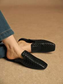 Rosivie Zapatos planos de mujer con punta cuadrada y fácil de poner, de estilo tejido y versátil - Negro - Ver 5