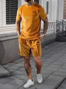 Manfinity CasualCool Men's Casual Letter Print T-Shirt And Shorts Set, Summer - Gold - View 5