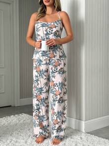 女士加大码大碎花图案两件套吊带睡衣上衣+荷叶边滚边缎带细节长睡裤舒适家居睡衣套装 - 彩色 - 查看 3