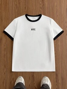 SWAVVY Men's Letter Print Round Neck Short Sleeve T-Shirt And Drawstring Waist Shorts Casual Set, Mens Casual Short Set - Black and White - View 4