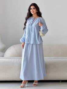 Mulvari 女士蕾丝边系领灯笼袖上衣和半裙休闲两件套 - 藍色 - 查看 6