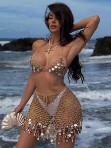 Swim SXY 女士亮片珍珠镂空披肩罩衫及半裙套装 - 卡其色 - 查看 4