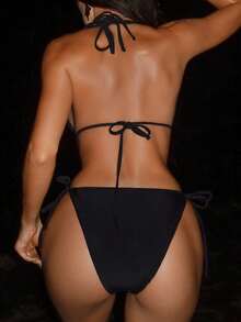 Bonvoyette New Navy Blue Halter Backless Cutout Swimsuit, Slim-Fit High Elasticity Fabric, Suitable For Daily, Vacation, Pool, Slimming & Tummy Control - Black - View 2