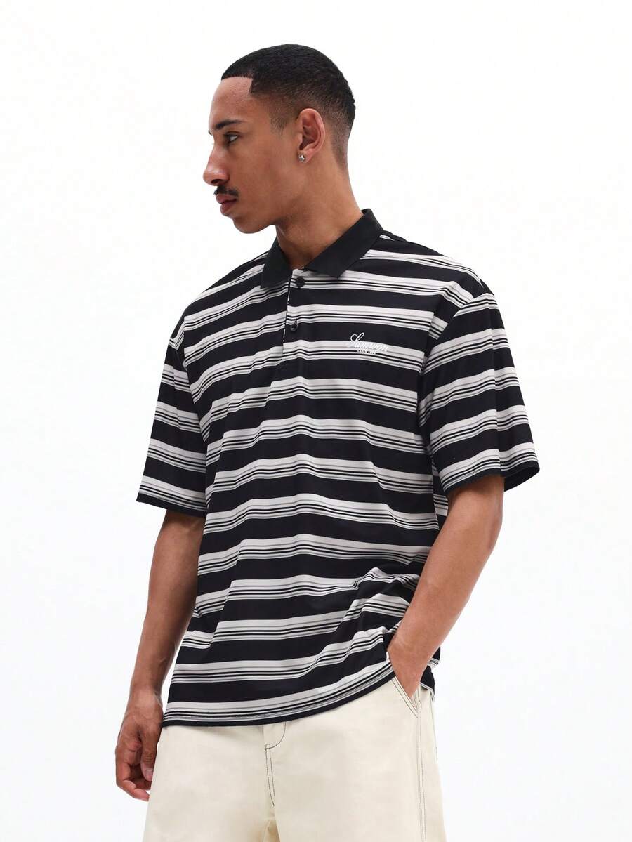 SUMWON Men Oversized Black White Horizontal Striped Short Sleeve Polo Shirt Classic Collar Button Front Casual Summer Spring Streetwear Vintage Relaxed, Polo Blouse For Men, Oversized Polo - Multicolor - View 1