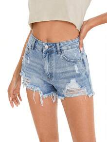 Rivivi 女士休闲做旧口袋纽扣毛边牛仔短裤，日常百搭 - 藍色 - 查看 6