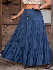 Nubod Plus Size Casual Vacation Multi-Layer Skirt Fall - Navy Blue - View 5