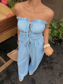 Sunnyshic Bộ 2 món dành cho nữ gồm áo cardigan ống họa tiết và quần ống đứng cạp chun, thích hợp cho mùa xuân/hè. - Màu xanh lam - Xem 6