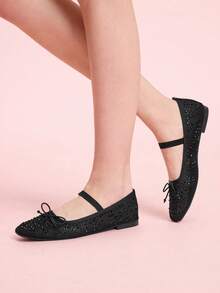 CUCCOO DOLLMOD Giày nữ thời trang xuân hè màu đen họa tiết kim cương, chất liệu lưới, nơ nhỏ, dây chun, giày bệt nữ thanh lịch, thoải mái, thoáng khí, dễ thương, kiểu Mary Jane. - Màu đen 1 - Xem 6