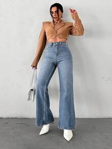 Petite 100% Cotton High Waist Casual Wideleg Jean - Light Wash - View 3