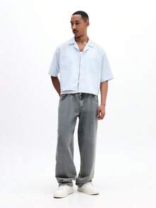 SUMWON Men's Crop Fit Striped Button Down Shirt With Capri Italia Back Print Short Sleeve Summer Mediterranean Coastal Vacation Style - Baby Blue - View 3