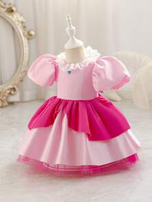 Glamorique Kids 女婴梦幻公主裙，缎面花瓣袖，蕾丝领，宝石装饰，多层裙摆，适合生日派对及其他场合 - 粉色 - 查看 1