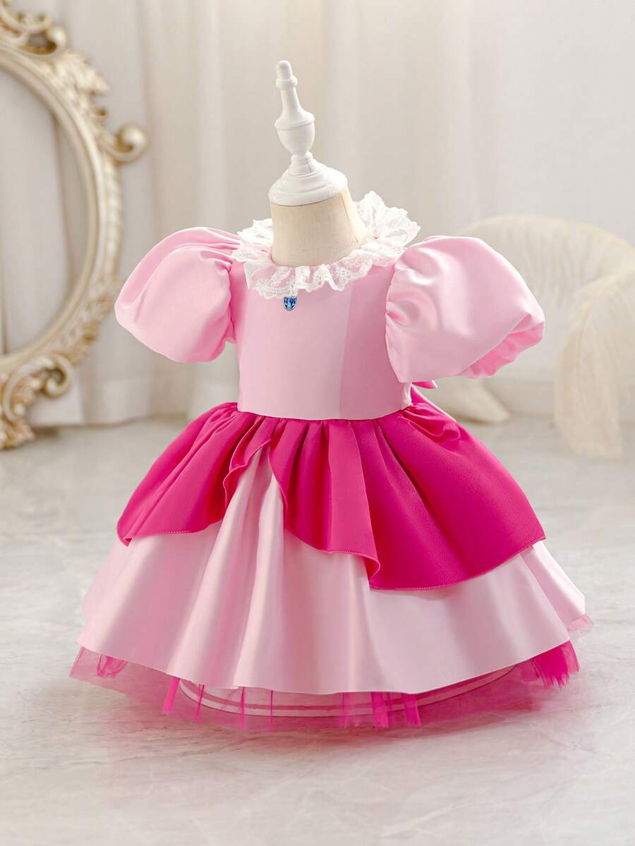 Glamorique Kids 女婴梦幻公主裙，缎面花瓣袖，蕾丝领，宝石装饰，多层裙摆，适合生日派对及其他场合 - 粉色 - 查看 1