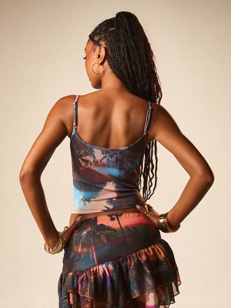 MISSGUIDED Women's Tropical Print Cami Top Summer Beach Palm Tree Sunset Scenic Sleeveless Tank Vacation Resort Wear