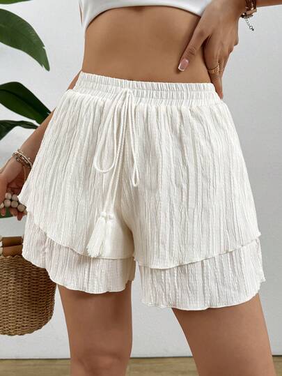 SHEIN LUNE Women's Ivory Elastic Waist Double Ruffle Hem Shorts, Summer