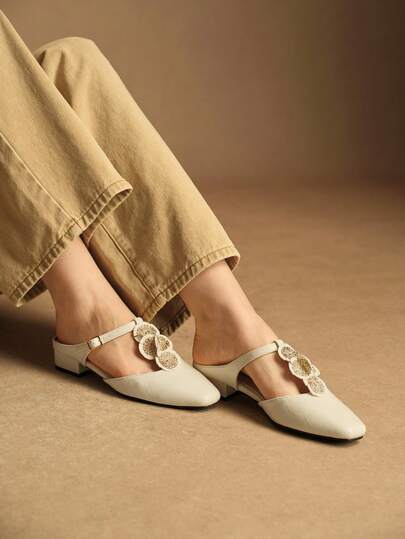 Rosivie Vintage French T-Strap Flower Low Vamp Thick Heel Half Slippers Women's New Women's Fashion Elegant Mule Sandals