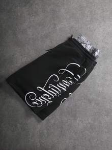 Manfinity EMRG 男士字母印花抽绳腰带休闲宽松短裤 - 黑色 - 查看 6