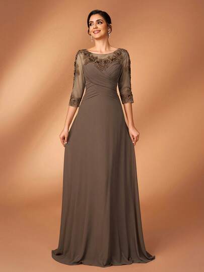 Serin Elegant Luxurious Beaded Lace Applique Sheer Sleeve Ruffle Hem Chiffon Dress, Suitable For Wedding, Party, Holiday, Bridal, Mother Of The Bride, Evening Gown