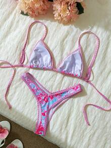 Swim Mod Set de 2 piezas de bikini de tiras finas y corte alto con estampado aleatorio para mujer en verano - Multicolor - Ver 4