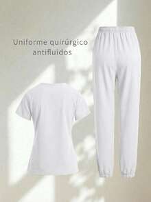 Set Surgical Uniform Set 2 Pieces Lady Woman Sleeve Short Neck V Pants Jogger Spring Comfy Drawstring - White - View 2