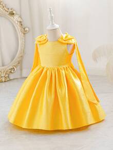 Glamorique Kids Đầm cưới hoa cho bé gái, đầm công chúa thanh lịch thắt eo với nơ, phù hợp cho mọi mùa. - Màu vàng - Xem 5