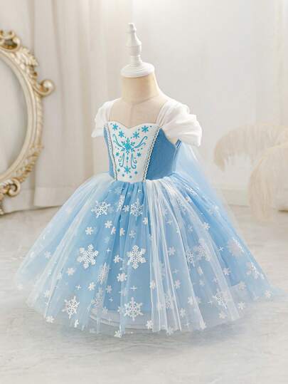 SHEIN Glamorique Kids Baby Girls' Princess Dress, For Birthday Party, Wedding, Holiday, Ball Gown, Blue Princess Dress, Snowflake Mesh, All Season, Makes Her Look Cuter And Playful, Middle East, Europe And America, With Sleeve Cuffs