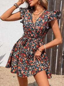 SHEIN LUNE Elegant Women's Multicolor Floral Print Mini A Line Dress With V Neck Flounce Cap Sleeves Ruffle Hem - Multicolor - View 3