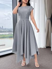 Feyla Women's Rhinestone Decor Asymmetric Hem Elegant Dress - Blue - View 6