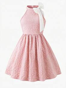 Tween Girls'Elegant Commuter Princess 3D Bowknot Sleeveless Waist Cinched Blue Floral Jacquard Dress,Dusty Pink,Summer,Elegant,Party For Vacation - Blue - View 6