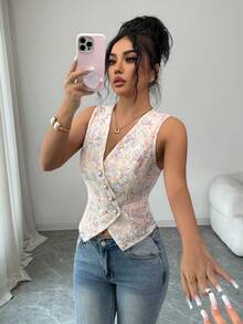 SHEIN Elenzya Camiseta sin mangas de cuello en V para mujer, primavera/verano - Multicolor - Ver 3