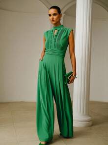 ZEYLAH Elegant Gathered Wide Leg Jumpsuit, Spring/Summer - Green - View 7