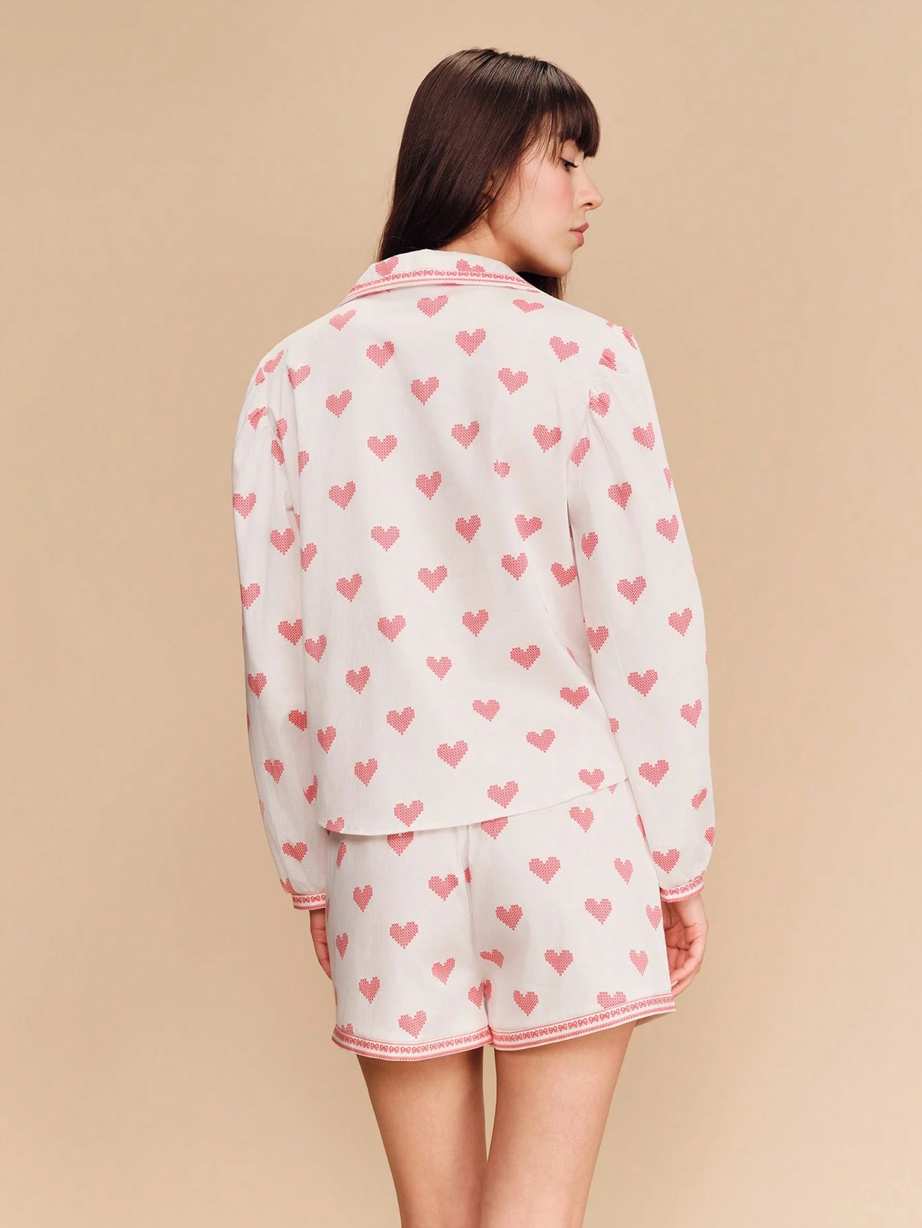 Red Heart Print Woven Cotton Pyjama Shirt And Matching Short Set Cute Vintage Romantic Cotton Sleepwear French Style Parisian Style Heart Pajama Set Pajamas Set For Woman Pajama Shirt For Women Women's Loungewear Women's Sleepwear Pajama Set For Women Women's Loungewear