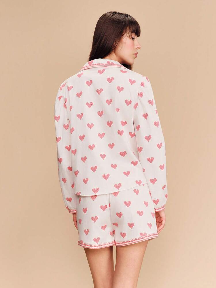 Red Heart Print Woven Cotton Pyjama Shirt And Matching Short Set Cute Vintage Romantic Cotton Sleepwear French Style Parisian Style Heart Pajama Set Pajamas Set For Woman Pajama Shirt For Women Women's Loungewear Women's Sleepwear Pajama Set For Women Women's Loungewear